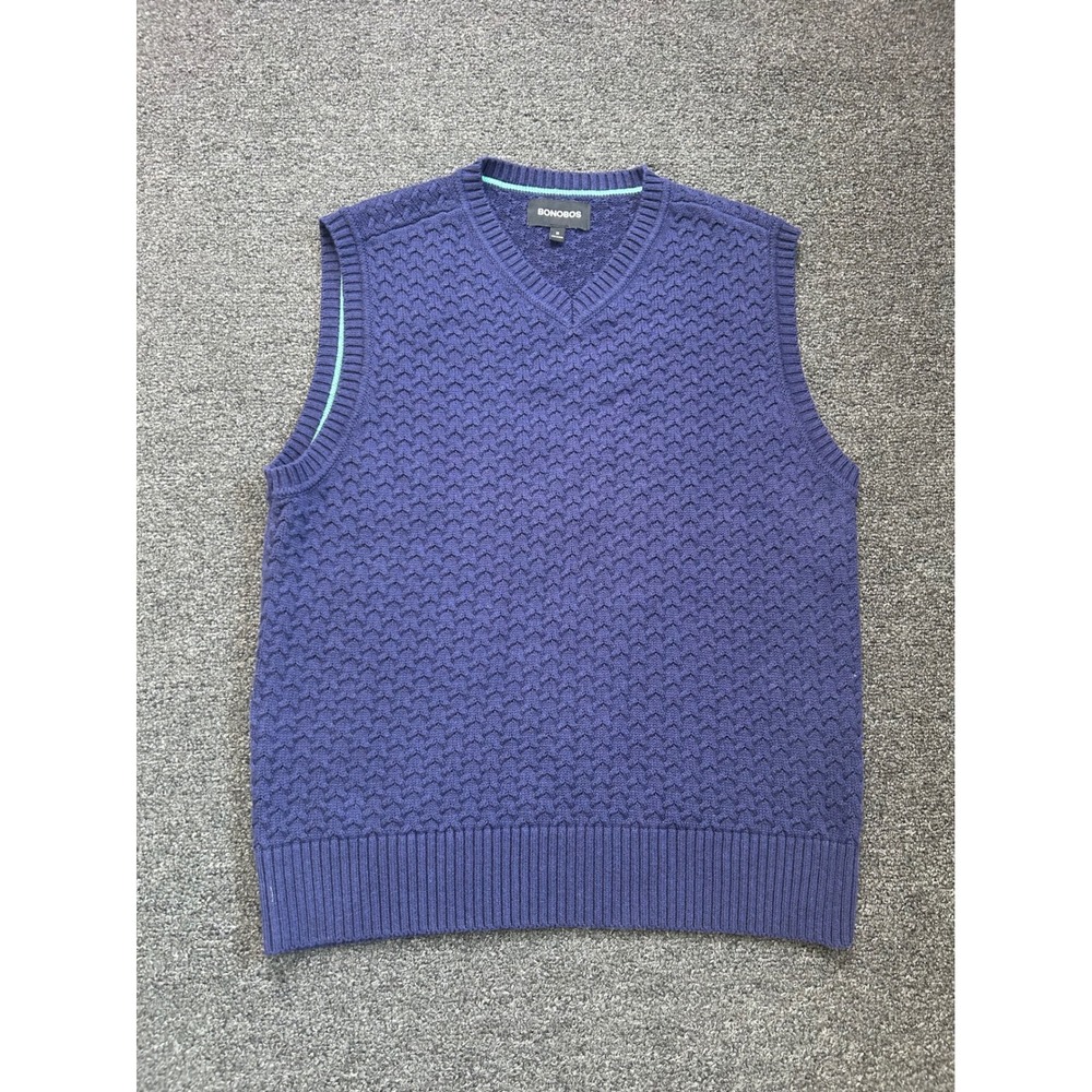 Bonobos V-Neck Sweater Vest Navy Blue Mens Medium Textured Basketweave Knit Golf